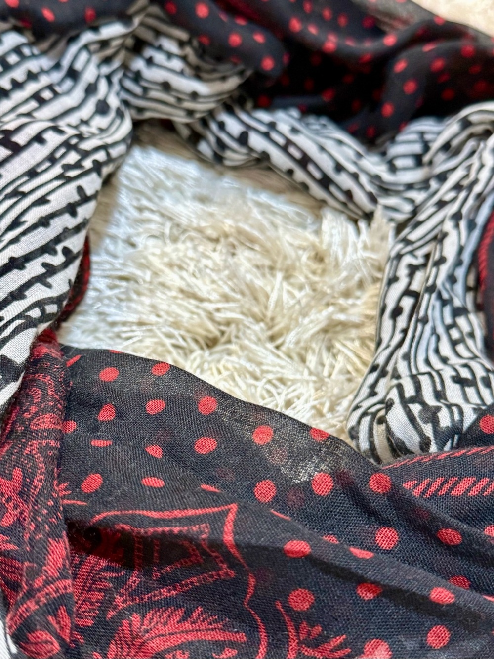 BP Boho Mixed Print Lightweight Scarf Wrap Shawl Black Red Ivory - Picture 4 of 15